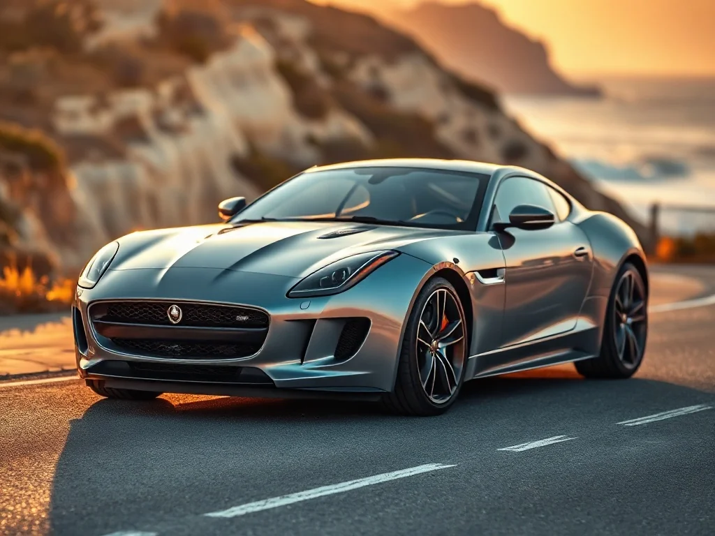 Srebrny Jaguar F-Type zaparkowany na malowniczej nadmorskiej drodze podczas zachodu słońca.