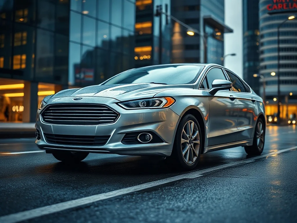 Srebrny Ford Mondeo sedan zaparkowany na miejskiej ulicy o zmroku, z widocznym detalem przedniego grilla i reflektorów.