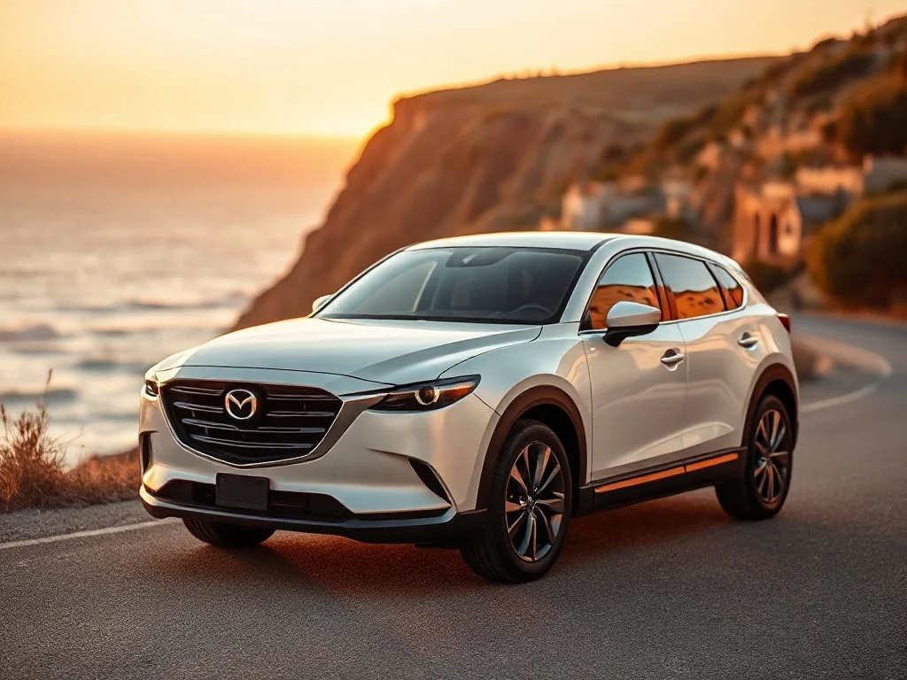 Biała Mazda CX-80 zaparkowana na malowniczej nadmorskiej drodze podczas złotej godziny, podkreślająca nowoczesny design auta.