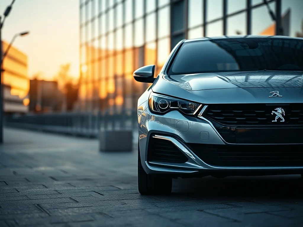 Srebrny Peugeot 308 zaparkowany na nowoczesnej ulicy w świetle zachodzącego słońca, eksponujący charakterystyczne reflektory LED.