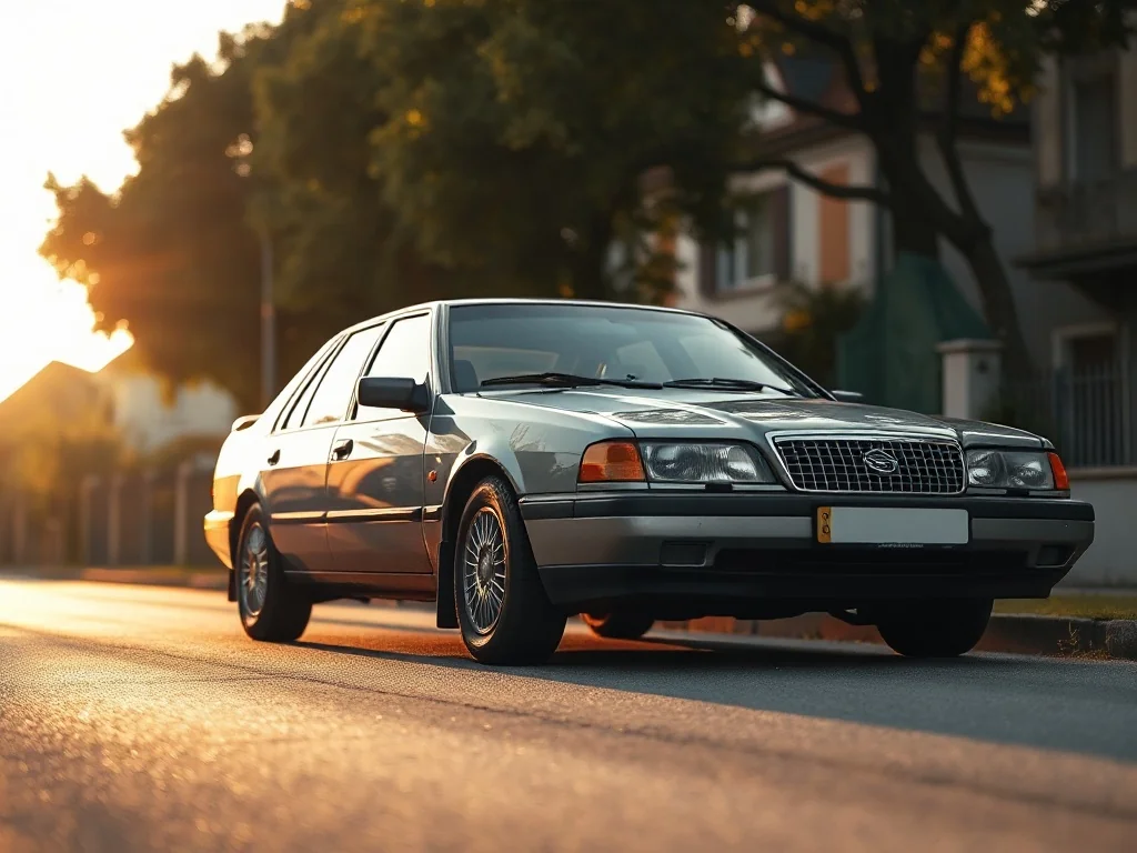Srebrny Daewoo Nexia zaparkowany na cichej ulicy w świetle zachodzącego słońca, podkreślającym klasyczny design modelu z lat 90.