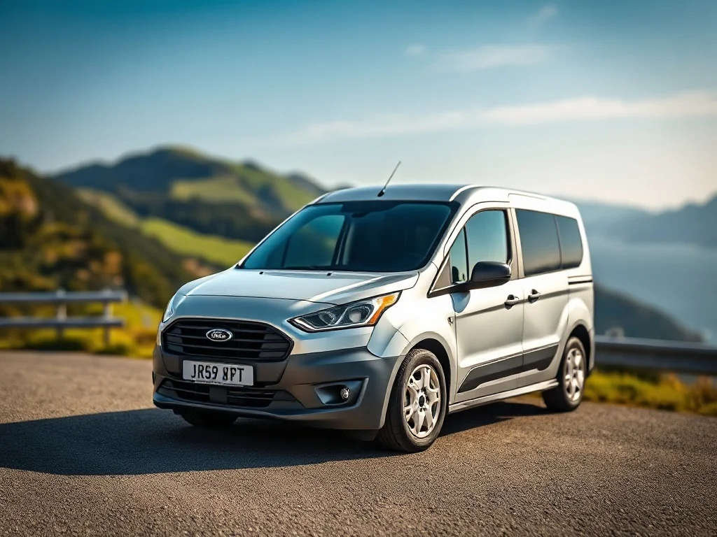 Srebrny Ford Grand Tourneo Connect zaparkowany na malowniczej nadmorskiej drodze z zielonymi wzgórzami w tle.