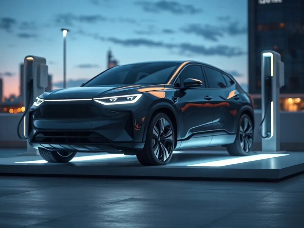Nowoczesny elektryczny SUV Audi Q6 e-tron zaparkowany na stacji ładowania w miejskiej scenerii o zmierzchu.