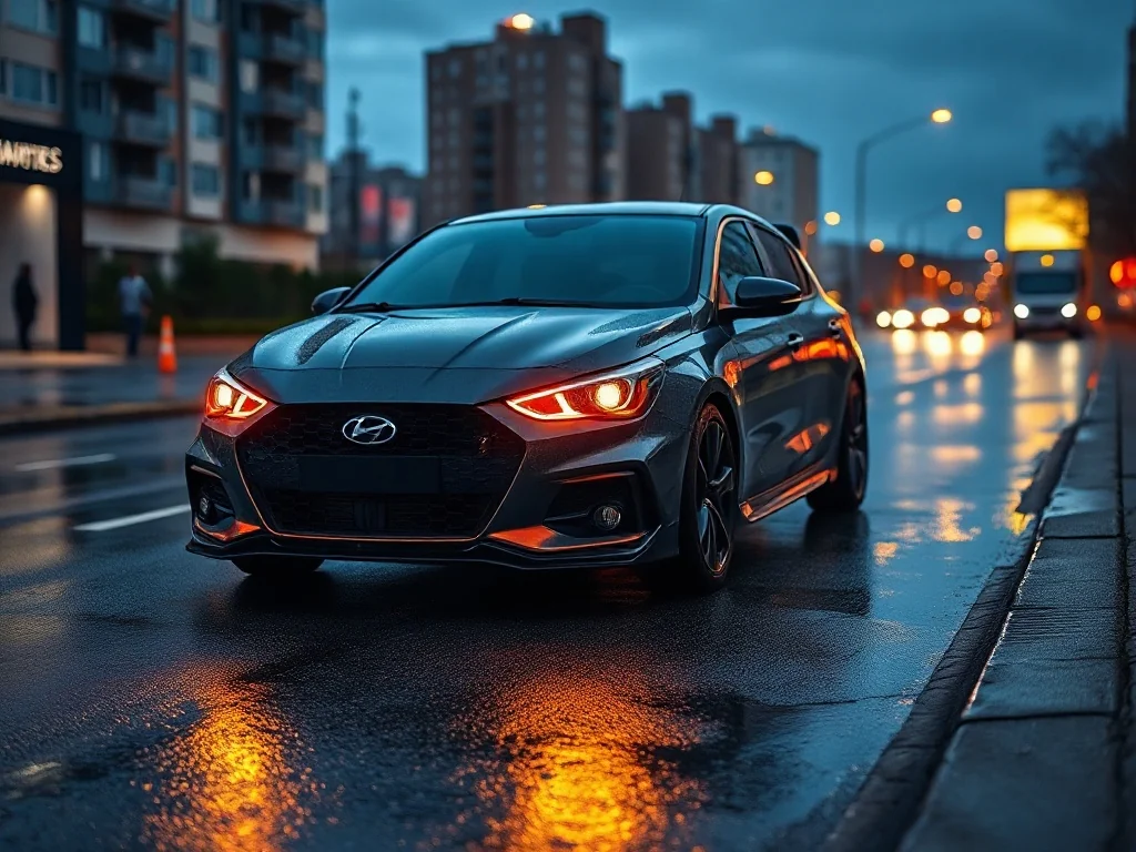 Ford Focus ST zaparkowany na mokrym asfalcie o zmroku, prezentujący agresywny design i oświetlenie LED.