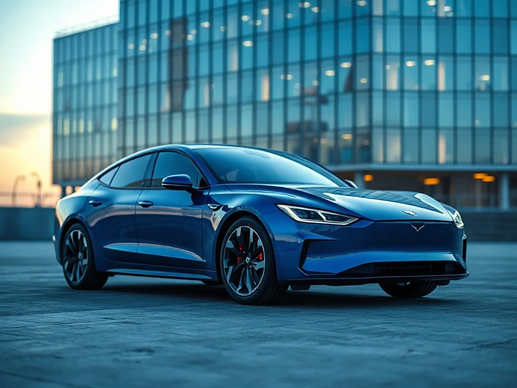 Niebieski sedan elektryczny Xiaomi SU7 zaparkowany na nowoczesnym placu o zmierzchu.