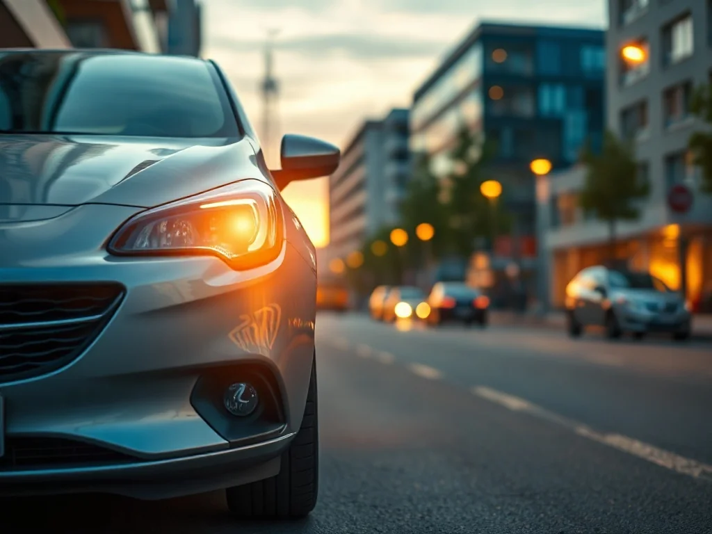Srebrny Opel Corsa zaparkowany na miejskiej ulicy w świetle zachodzącego słońca. Widok na przedni reflektor i grill samochodu.