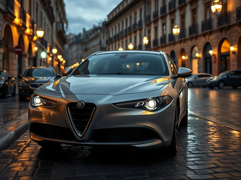 Srebrna Alfa Romeo 159 zaparkowana na mokrej, brukowanej ulicy włoskiego miasta o zmierzchu.