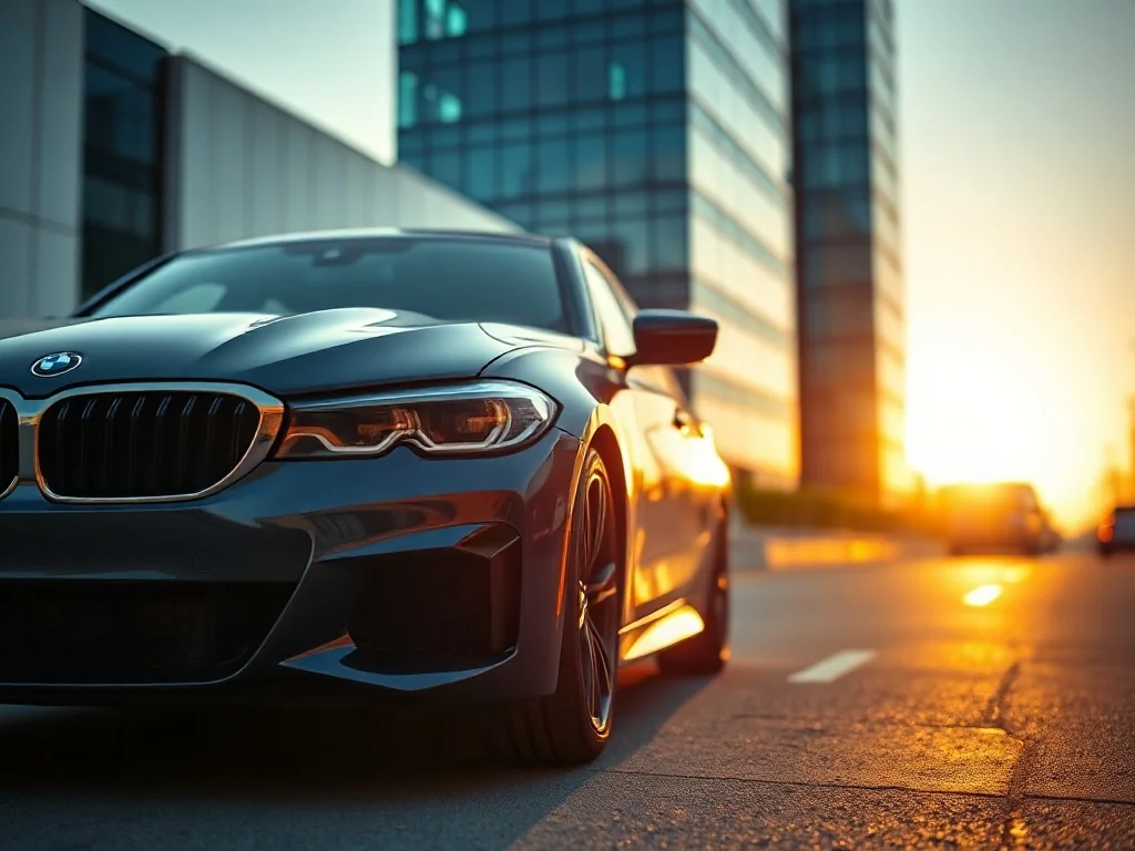 Nowoczesny sedan BMW G20 zaparkowany na tle miejskiej architektury w świetle zachodzącego słońca.